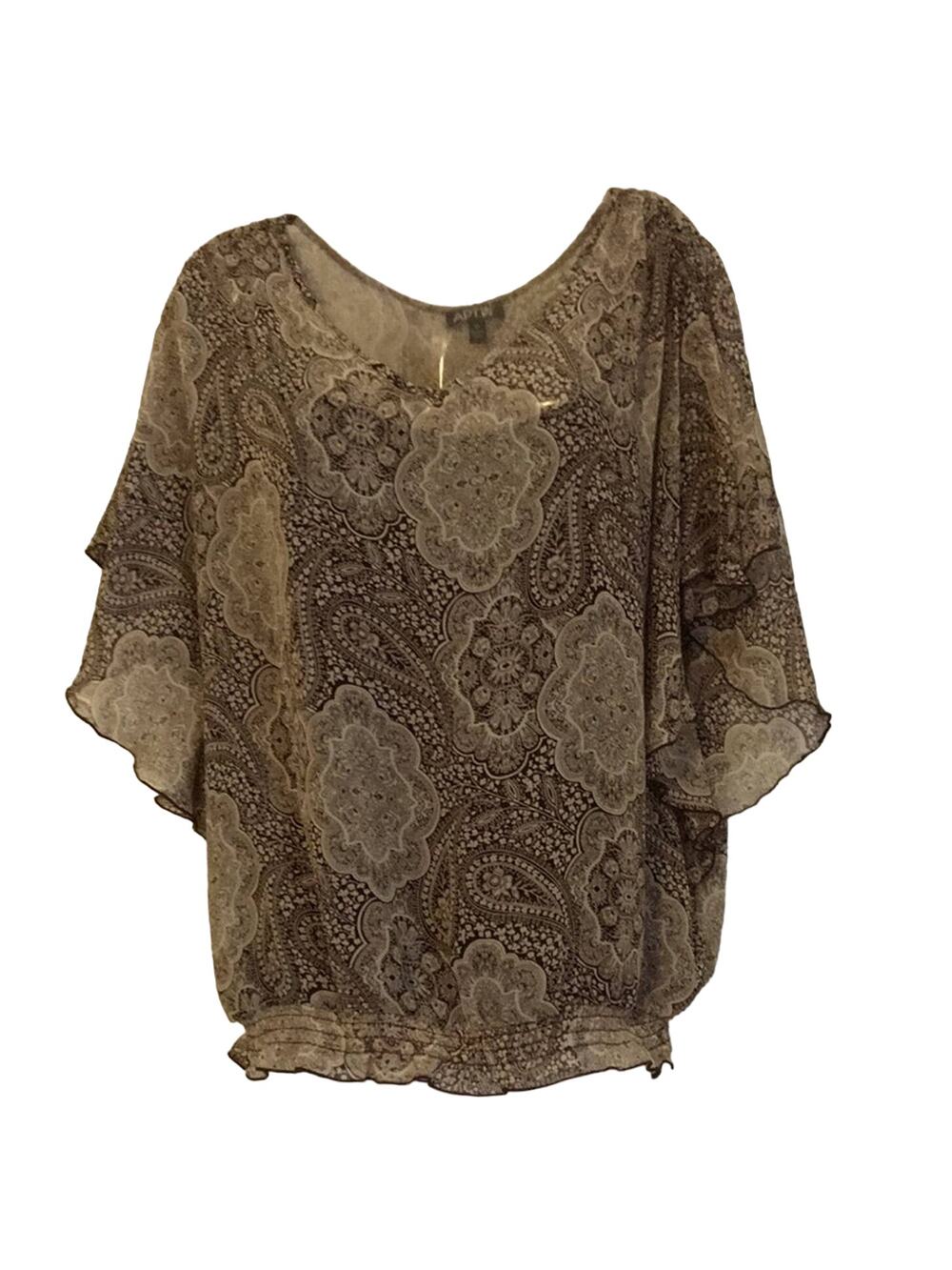 Apt. 9 Medium Blouse Brown & Cream Sheer Layered Paisley Peek a Boo Sleeve